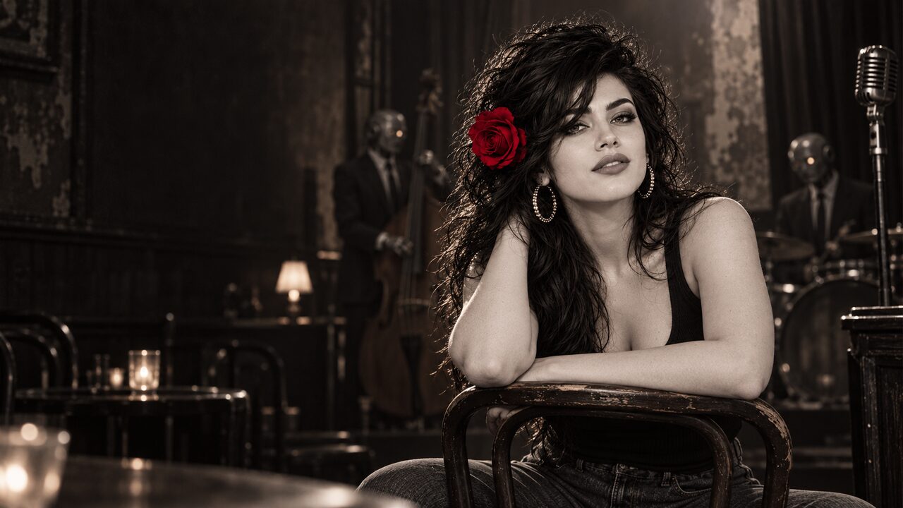 Zoe Vesper resting on the back of a chair in an empty club after the last set, a red rose in her hair.